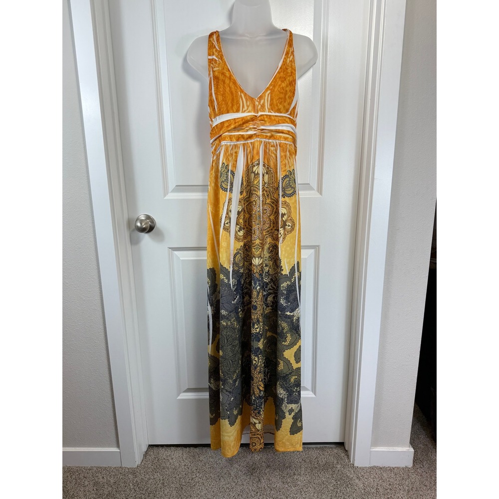 InGear Womens Yellow Orange BOHO‎ Mandala Rhinestone Beaded Maxi Dress Large